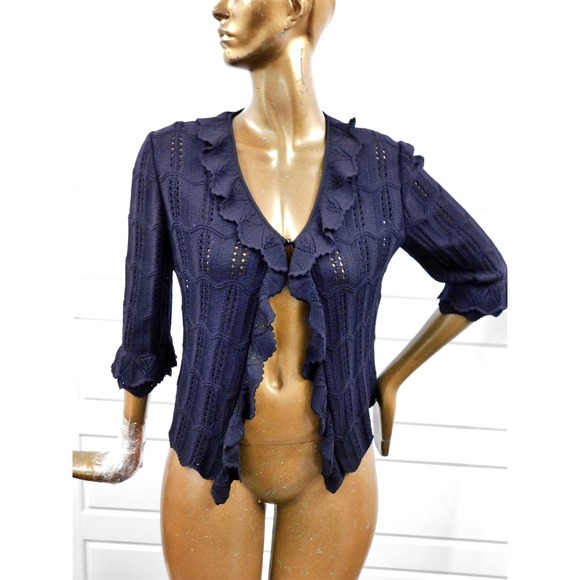 St John‎ Collection Navy Blue Crochet Knit Ruffled Cardigan Sweater sz 10